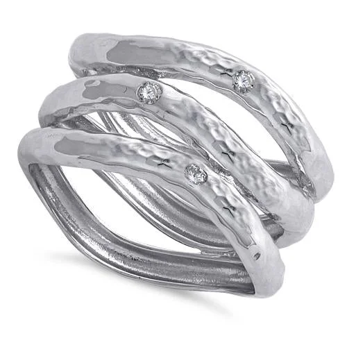 Ladies stacked rings set-Sterling Silver Hammered Triple Clear CZ Ring