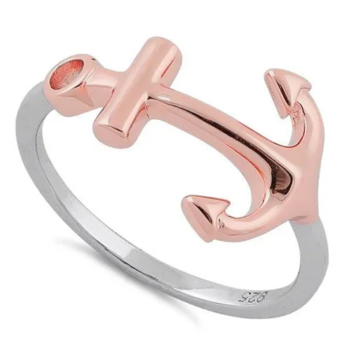 Ladies custom design ring-Sterling Silver Two Tone Rose Gold Plated Anchor Ring