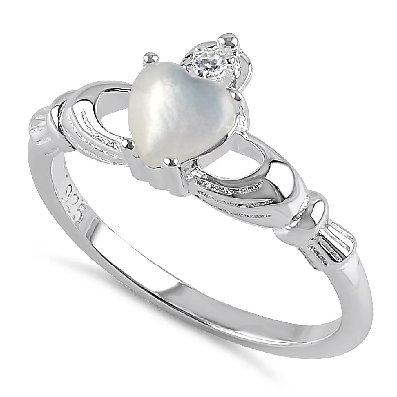 Ladies gemstone wedding ring-Sterling Silver Claddagh Mother of Pearl CZ Ring