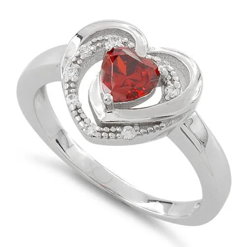 Ladies personalized ring-Sterling Silver Precious Heart Garnet CZ Ring