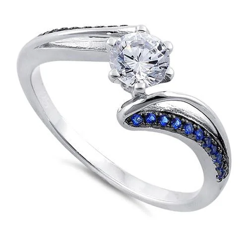 Ladies wedding ring with diamonds-Sterling Silver Round Cut Blue CZ Ring