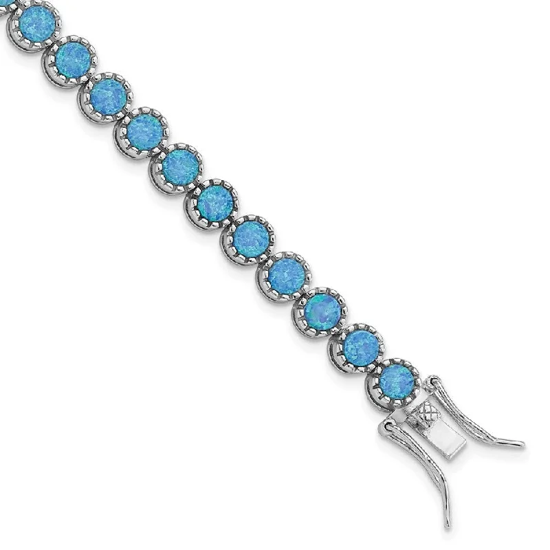 Ladies turquoise bracelet-925 Sterling Silver Rhodium-plated Beaded Blue Created Opal Inlay Bracelet, 7" (W-5.7mm)