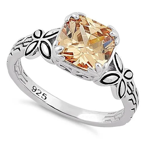 Ladies vintage ring-Sterling Silver Twin Butterfly Cushion Cut Champagne CZ Ring