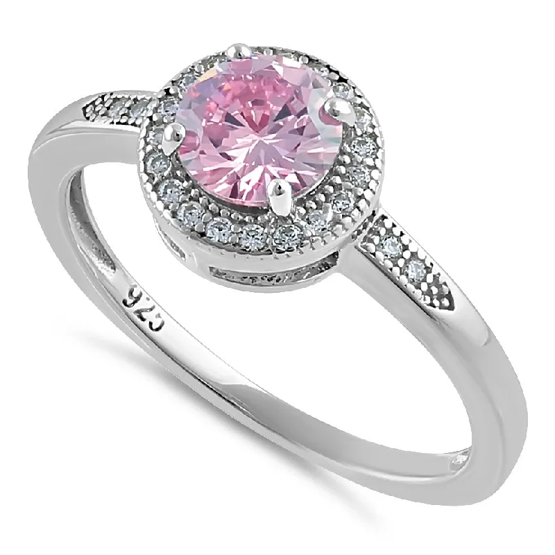 Ladies unique ring-Sterling Silver Elegant Round Halo Pink CZ Ring