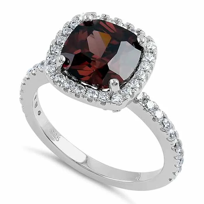 Ladies gemstone ring-Sterling Silver Cushion Cut Brown and Clear CZ Ring