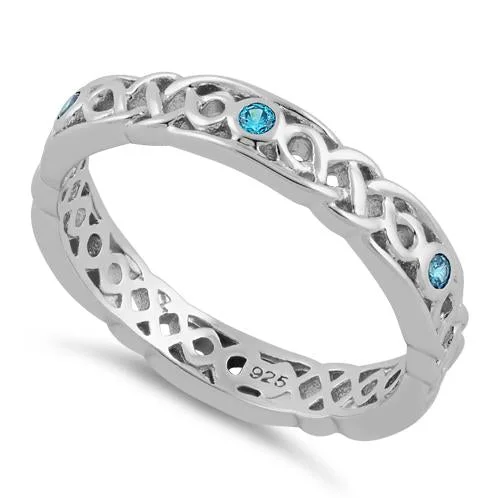 Ladies heart-shaped ring-Sterling Silver Braided Eternity Aqua Blue CZ Ring