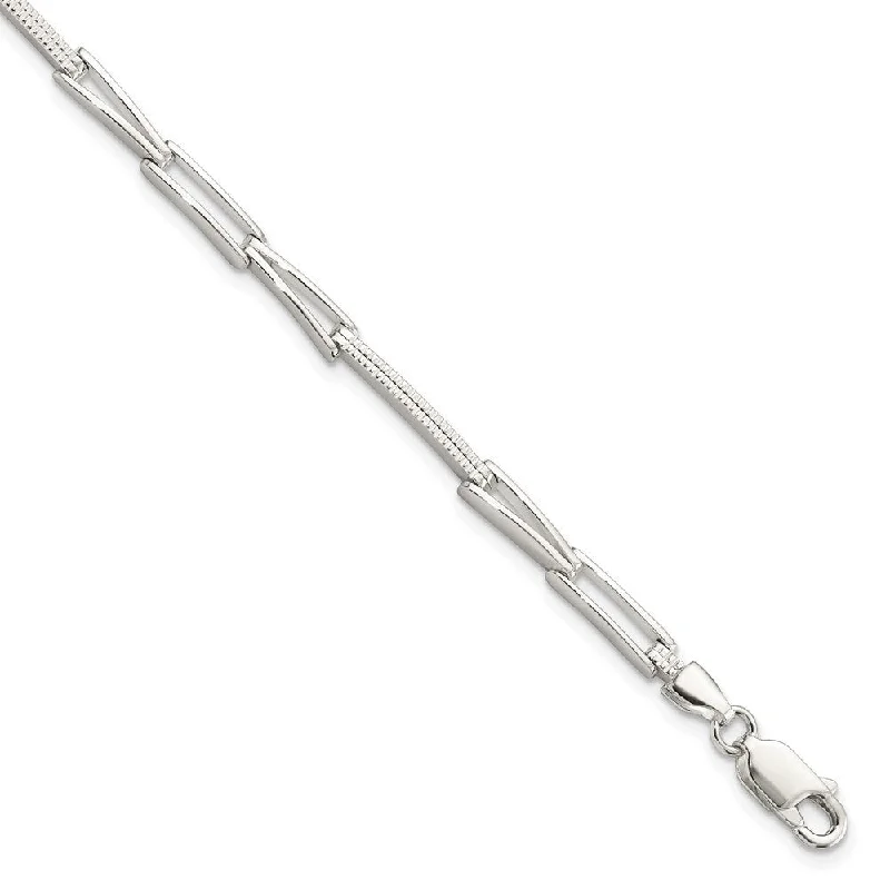 Ladies silver charm bracelet-925 Sterling Silver & Textured Fancy Link Bracelet, 7.5" (W-3.3mm)