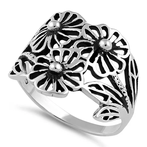 Ladies twist design ring-Sterling Silver Flowers Ring