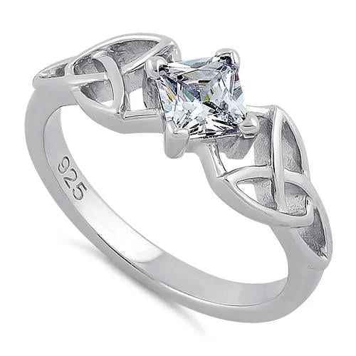 Ladies emerald gemstone ring-Sterling Silver Celtic Princess Cut Clear CZ Ring