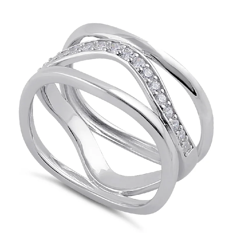 Ladies luxury platinum ring-Sterling Silver Clear CZ Triple Stack Wave Ring