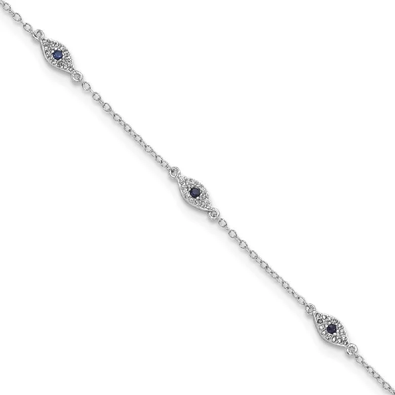 Ladies personalized bracelet-925 Sterling Silver Rhodium-plated Blue & White Cubic Zirconia Eyes Bracelet, 7.5" (W-3.65mm)