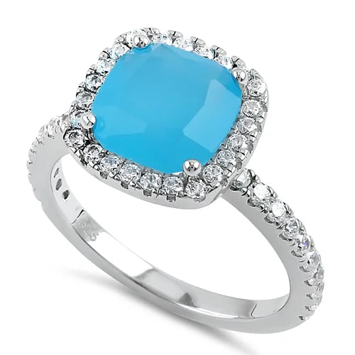 Ladies stackable ring-Sterling Silver Cushion Cut Light Blue Cloudy Glass and Clear CZ Ring