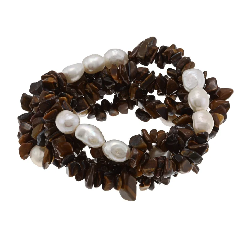 Ladies custom gold bracelet-DaVonna White Baroque FW Pearls and Tiger Eye 5 Stretch Bracelets Set (7-8 mm)