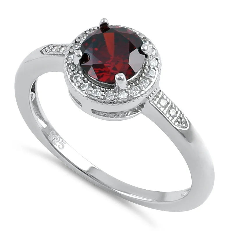 Ladies custom engagement ring-Sterling Silver Elegant Round Halo Dark Garnet CZ Ring