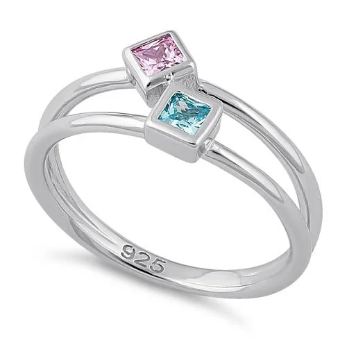 Ladies emerald ring-Sterling Silver Double Princess Cut Pink CZ Ring