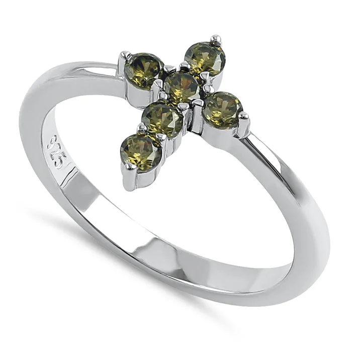 Ladies rose gold ring-Sterling Silver Cross Peridot CZ Ring