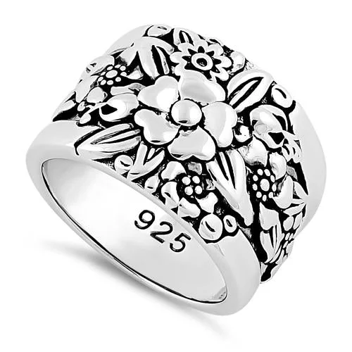 Ladies wedding set with diamonds-Sterling Silver Floral Design Ring