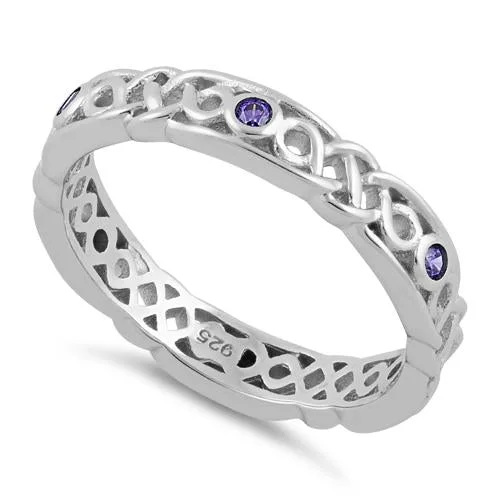 Ladies wedding and engagement ring set-Sterling Silver Braided Eternity Amethyst CZ Ring