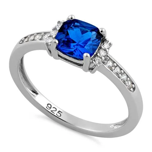 Ladies cushion-cut engagement ring-Sterling Silver Cushion Blue Spinel CZ Ring