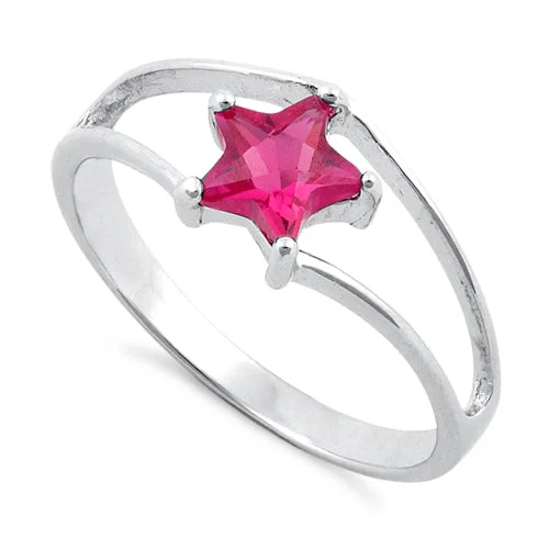 Ladies wedding ring with diamonds-Sterling Silver Ruby Star Cut CZ Ring