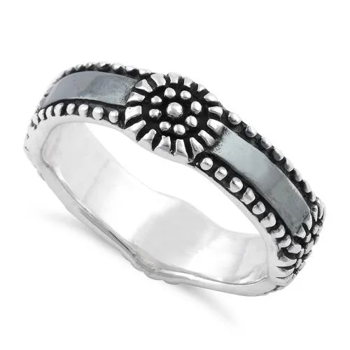 Ladies modern gold ring-Sterling Silver Flower Oxidized Band Ring