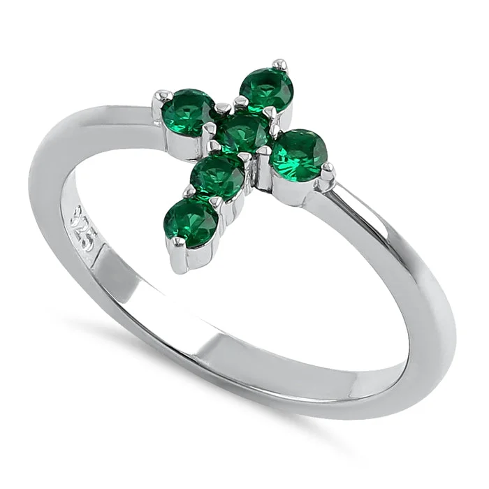 Ladies gold eternity ring-Sterling Silver Cross Green CZ Ring