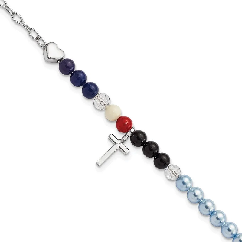 Ladies elegant bracelet-925 Sterling Silver Jesus' Story Multi Glass Pearl Onyx Agate Crystals Cross Bracelet, 6" w/2in Extender