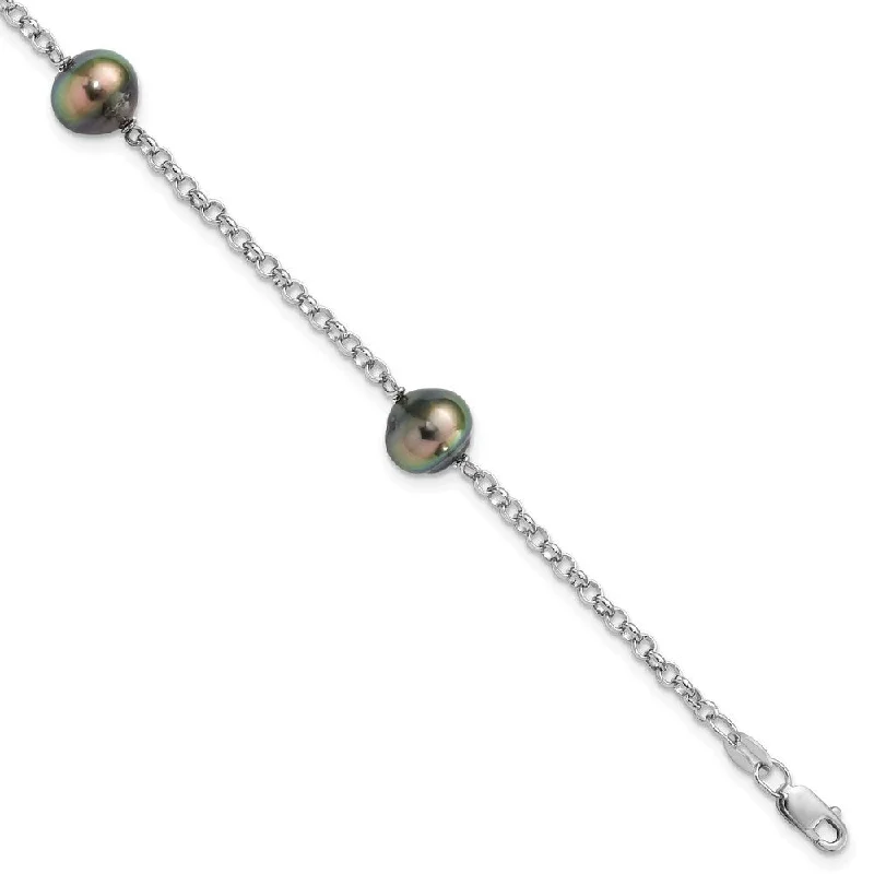 Ladies custom design bracelet-925 Sterling Silver Rhodium 8-9mm Baroque 3-stat Tahit Saltwater Pearl Bracelet, 7.5"