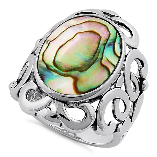 Ladies cushion-cut engagement ring-Sterling Silver Unique Oval Abalone Ring