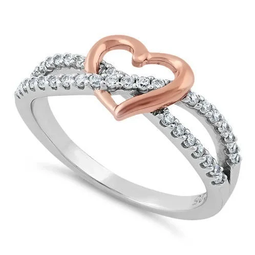 Ladies diamond ring-Sterling Silver Rose Gold Two Tone Heart CZ Ring