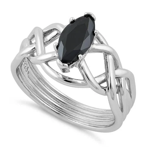 Ladies unique design ring-Sterling Silver Celtic Black Marquise CZ Ring