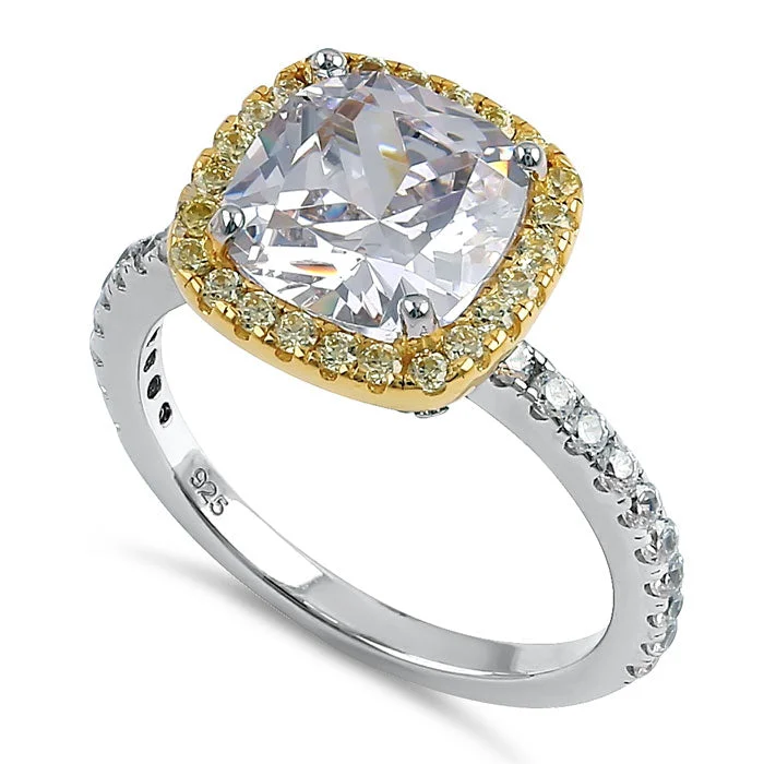 Ladies gold wedding ring-Sterling Silver Muti-Plated Cushion Cut Yellow and Clear CZ Ring