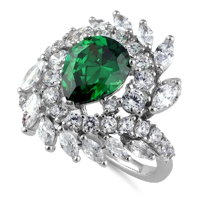 Ladies gemstone ring-Sterling Silver Unique Emerald Pear Swirl CZ Ring