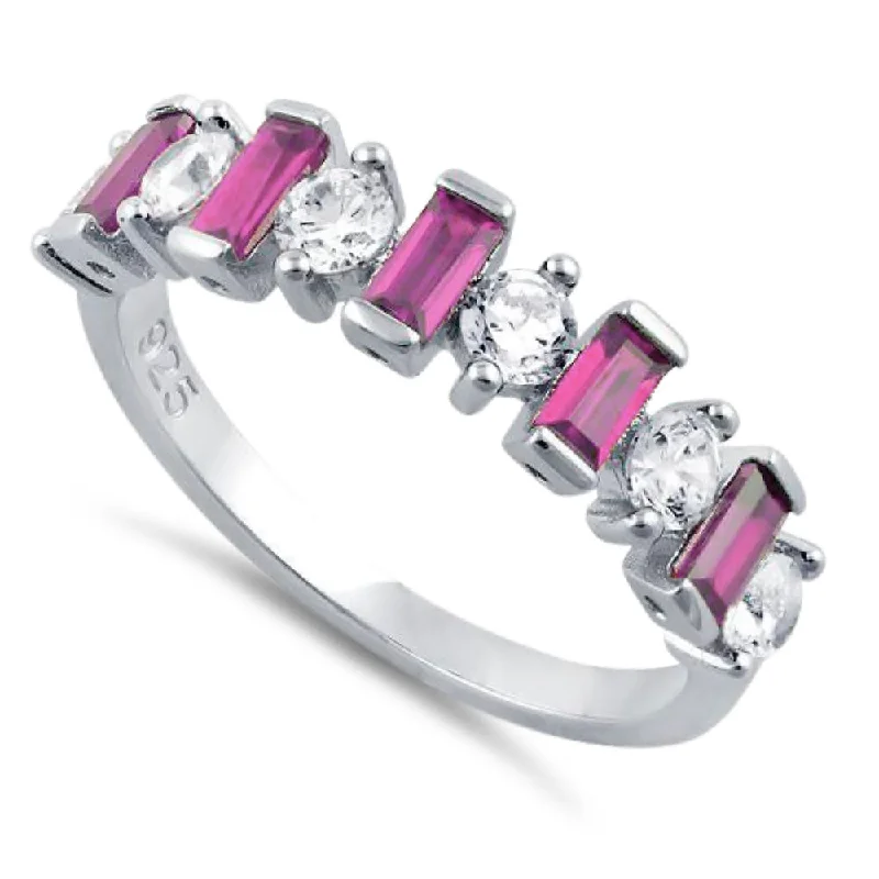 Ladies colorful gemstone ring-Sterling Silver Round & Baguette Pink CZ Ring