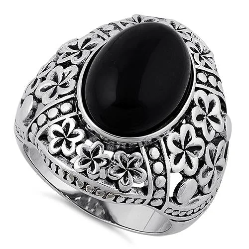 Ladies infinity ring-Sterling Silver Bold Plumeria Black Agate Ring