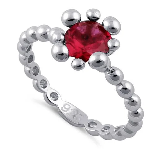 Ladies silver eternity ring-Sterling Silver Beaded Ruby Round CZ Ring