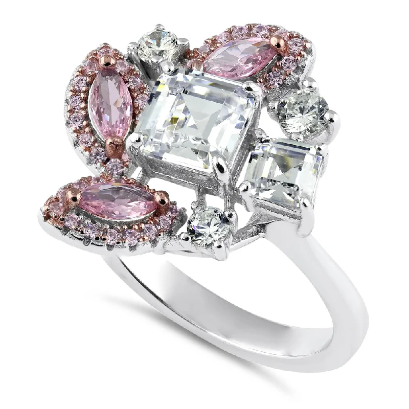 Ladies wedding ring set-Sterling Silver Square Marquise and Round Cut Pink and White CZ Cluster Ring