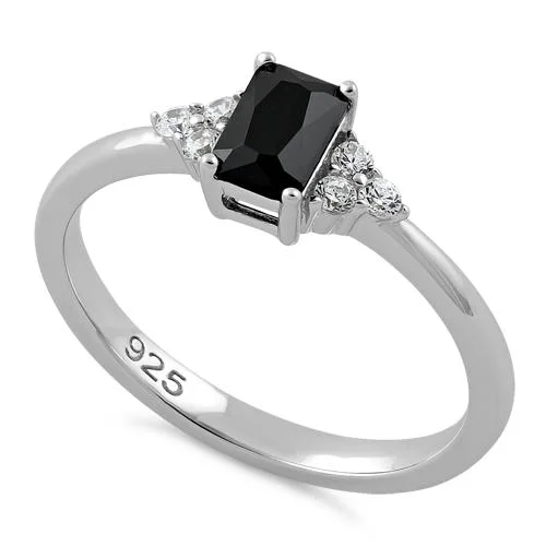 Ladies ring with sapphire stone-Sterling Silver Precious Emerald Cut Black CZ Ring