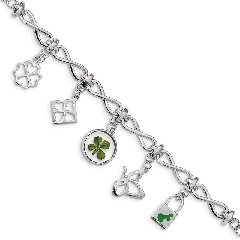 Ladies infinity bracelet-925 Sterling Silver Plated Clover Epoxy Enamel Bracelet, 6" w/15in Extender