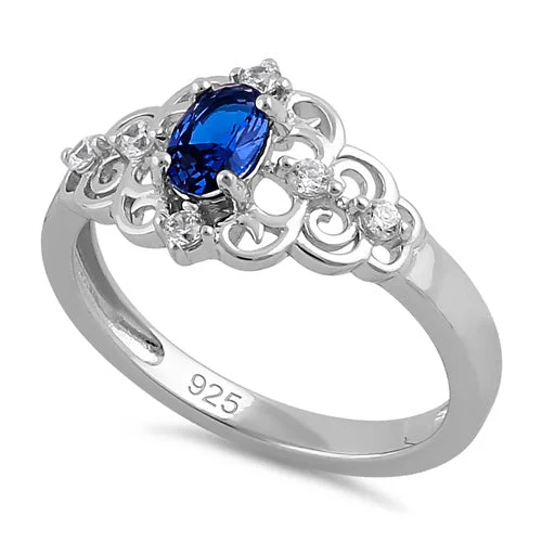 Ladies platinum eternity band-Sterling Silver Blue CZ Vintage Design Ring