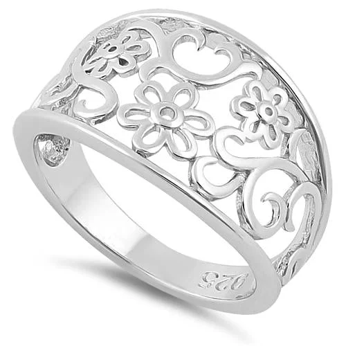 Ladies pearl ring-Sterling Silver Elegant Flowers Ring