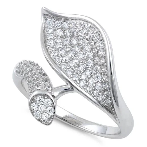 Ladies custom engagement ring-Sterling Silver Elegant Leaf Pave CZ Ring