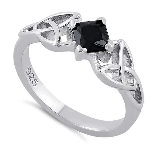 Ladies ruby ring-Sterling Silver Celtic Princess Cut Black CZ Ring