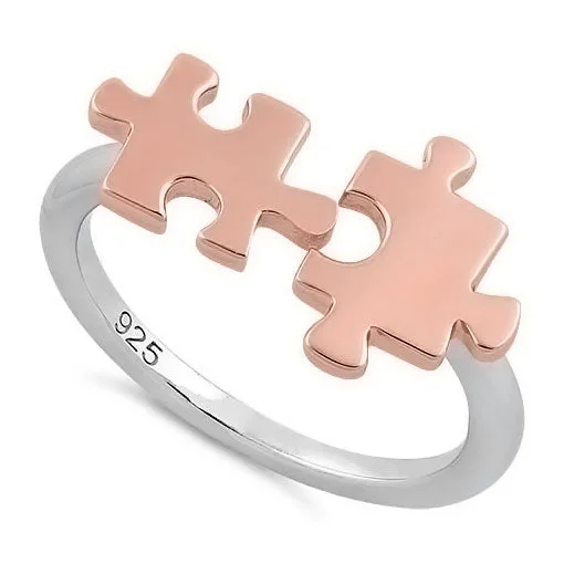 Ladies diamond halo ring-Sterling Silver Two Tone Rose Gold Plated Jigsaw Puzzle Pieces Ring