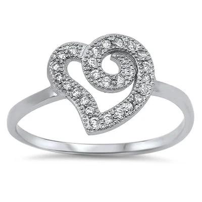 Ladies promise ring-Sterling Silver Swirl Heart CZ Ring