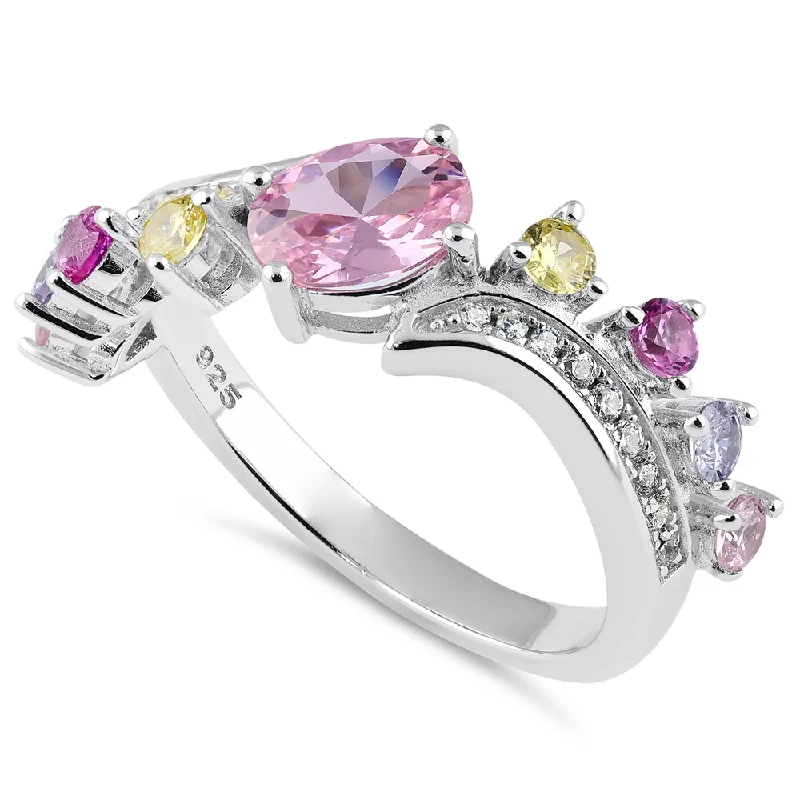 Ladies colored diamond ring-Sterling Silver Half Eternity Pink and Yellow CZ Curved Ring