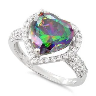 Ladies custom engagement ring-Sterling Silver Rainbow CZ Halo Ring