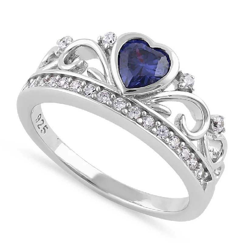 Ladies wedding and engagement ring set-Sterling Silver Heart Crown Tanzanite CZ Ring