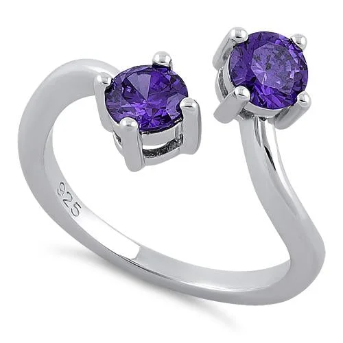 Ladies unique ring-Sterling Silver Dual Round Cut Amethyst CZ Ring