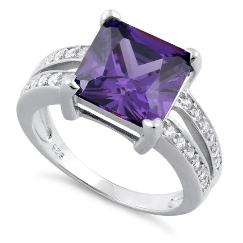 Ladies colored diamond ring-Sterling Silver Amethyst Square CZ Ring